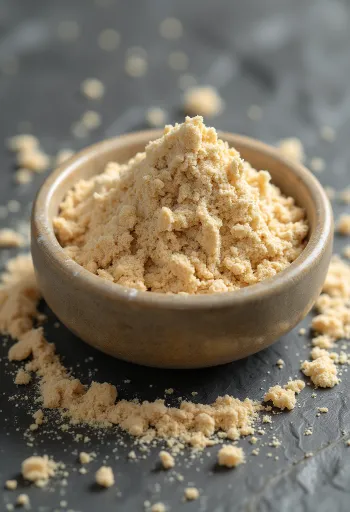 小瓶に入ったベージュ色のバオバブパウダーと、周りに置かれたバオバブの実