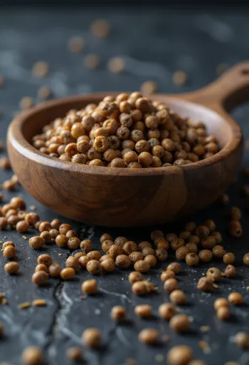 木製キッチンカウンター上のブラウンマスタードシードの粒