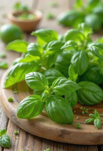 清潔な皿に盛られたフレッシュなレモンバジルの葉