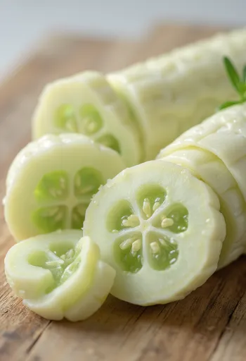 カッティングボード上の新鮮な白キュウリのスライスと彩り野菜