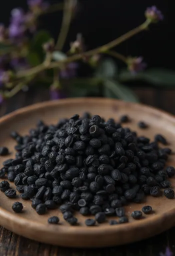 木製テーブルに散らばるブラックマスタードシード