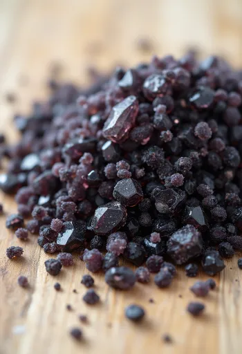 小瓶に入ったブラックソルトと、その周りにある岩塩の結晶