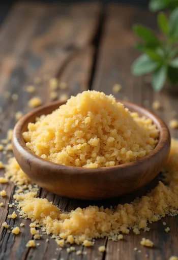 木製テーブルに置かれた生のフォニオ、小さな粒