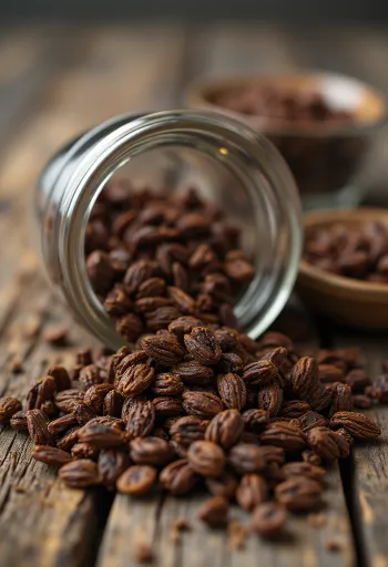 カッティングボード上の焙煎されたライ麦の粒