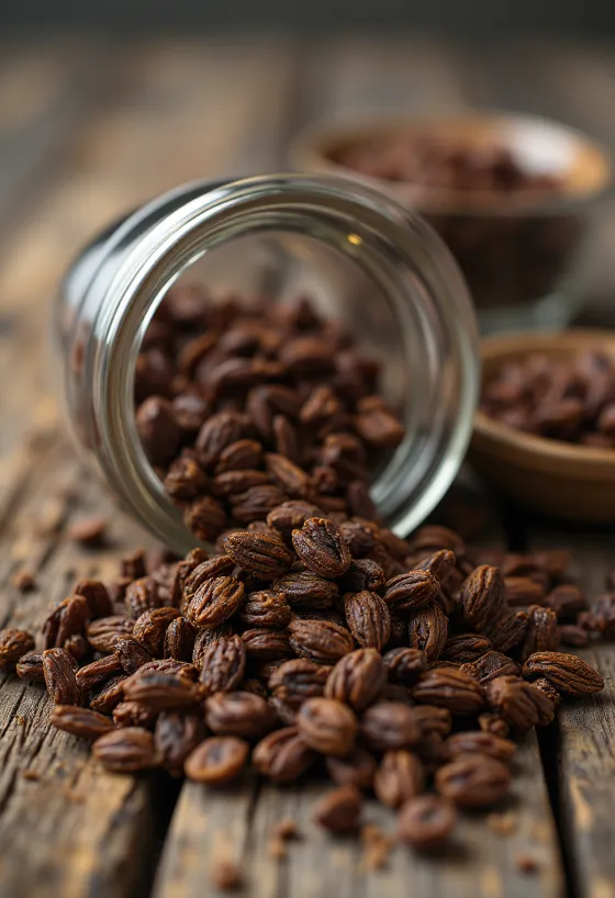 カッティングボード上の焙煎されたライ麦の粒