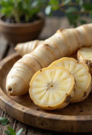 木製テーブルに置かれた新鮮なガランガルの根茎