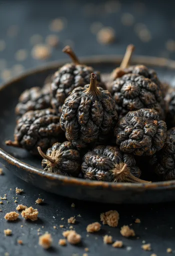 木製テーブルに置かれたヒハツ（ロングペッパー）、細長い松ぼっくりのような形