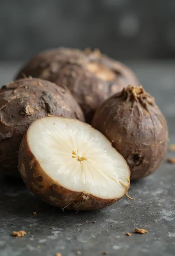 カッティングボード上のスライスされたヤム芋と、周囲の根菜類