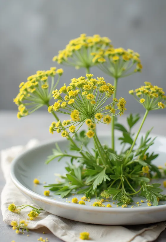 新鮮なディルの花、黄色い小花が集まった傘のような形