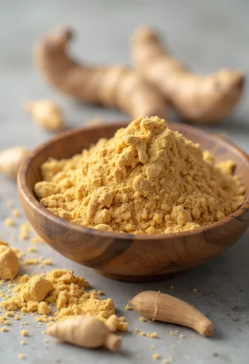 小瓶に入ったアースカラーのマカパウダーと、マカの根