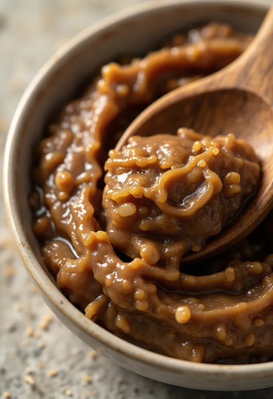 小瓶に入った茶色の味噌ペーストと、周りに置かれた大豆、昆布、米