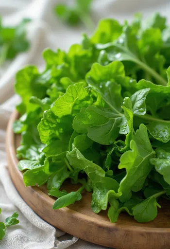 木製テーブルに置かれた新鮮なマスタードグリーン（カラシナ）の葉、水滴がついている