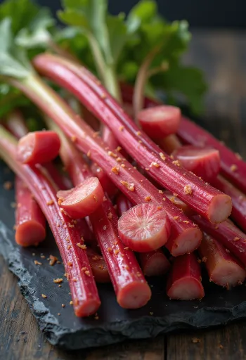 カッティングボード上の新鮮なルバーブの茎、赤と緑のコントラスト