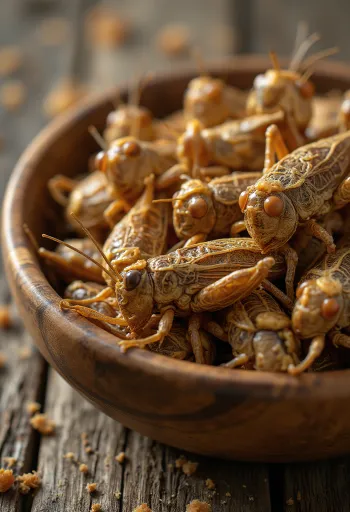 調理され皿に盛られた食用のイナゴ