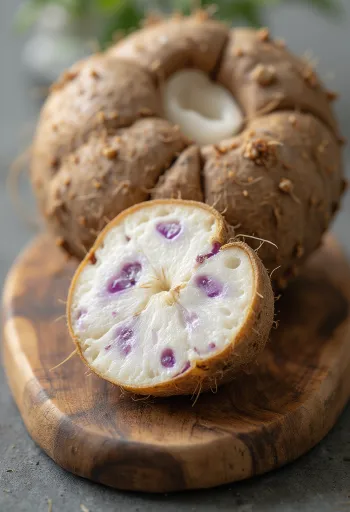 スライスされた生のタロイモ、断面の模様が見える