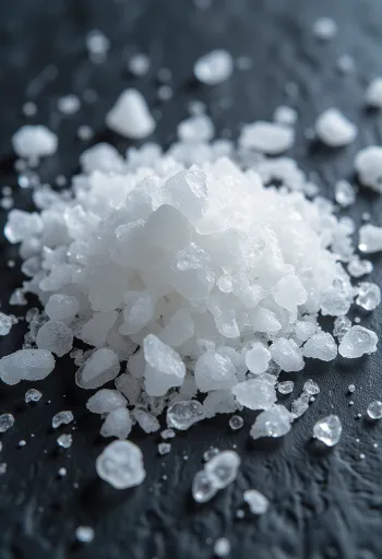 小瓶に入った結晶状の海塩、周りに貝殻や海のイメージ