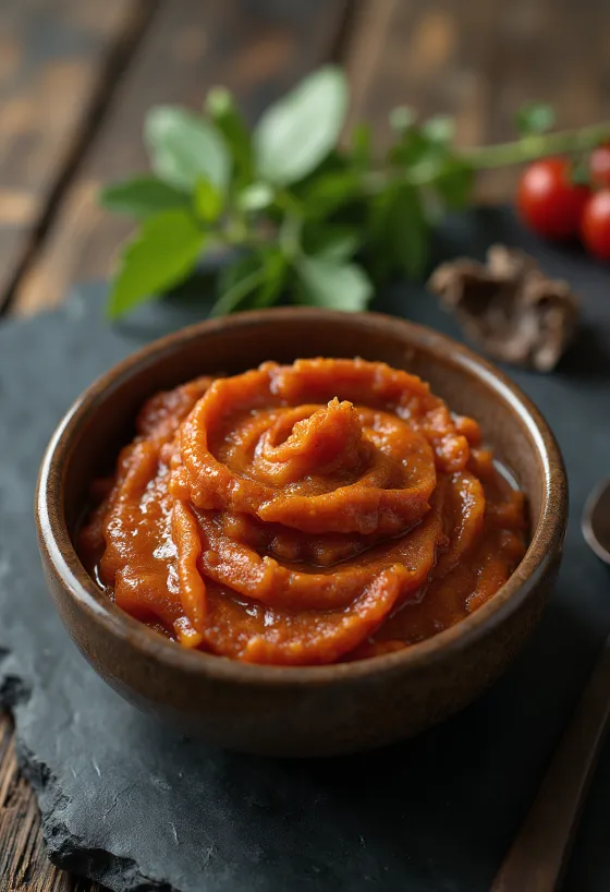 ガラス瓶に入ったレッドカレーペースト、周囲に赤唐辛子やニンニクなどのスパイス