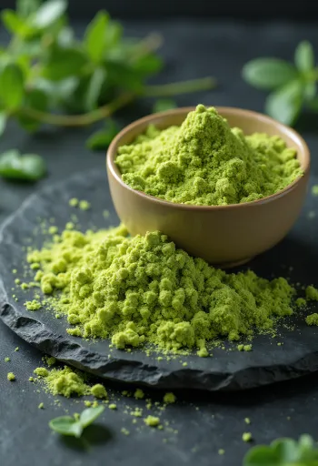 鮮やかな緑色の大麦若葉パウダーが入った小瓶と、周囲に置かれたフレッシュな若葉