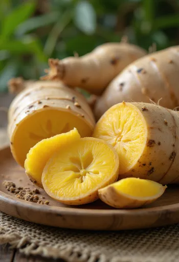 スライスされたアラカチャ（ペルー人参）の根、木製まな板の上