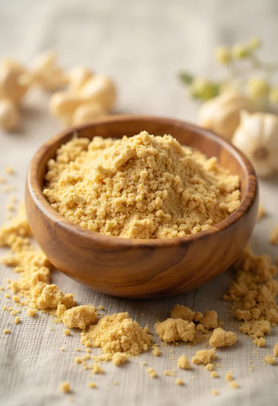 小瓶に入った土色のアシュワガンダパウダーと、乾燥したアシュワガンダの根