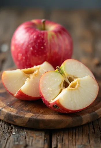 カッティングボード上の新鮮なアイドレッドリンゴとカットされた断面