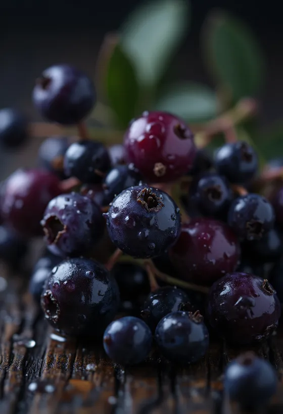 艶やかで濃い紫色のエルダーベリーの果実