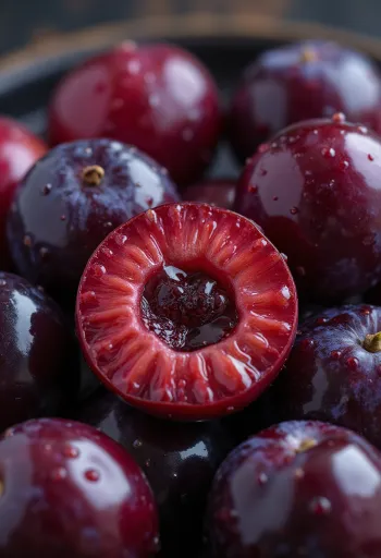 スライスされたチェリープラム、鮮やかな赤い果肉と瑞々しい質感
