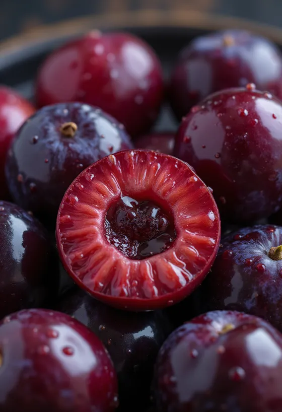 スライスされたチェリープラム、鮮やかな赤い果肉と瑞々しい質感