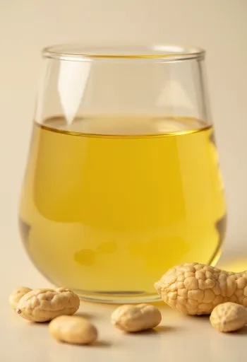 明るい背景の小瓶と小皿に入ったピーナッツオイル