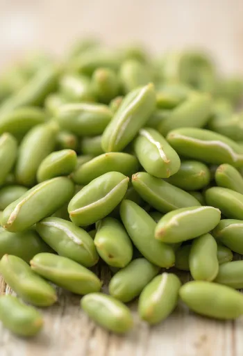 ボウルに入った新鮮な緑豆と発芽した緑豆、木のテーブルの上