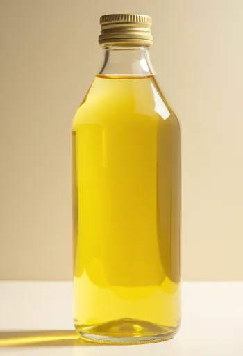 明るい表面にある瓶と小皿に入ったひまわり油