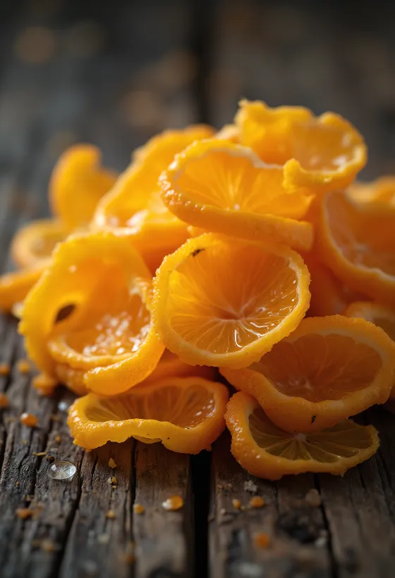 小鉢に入った細切りのオレンジピール、ゼスター、蜂蜜、オレンジ