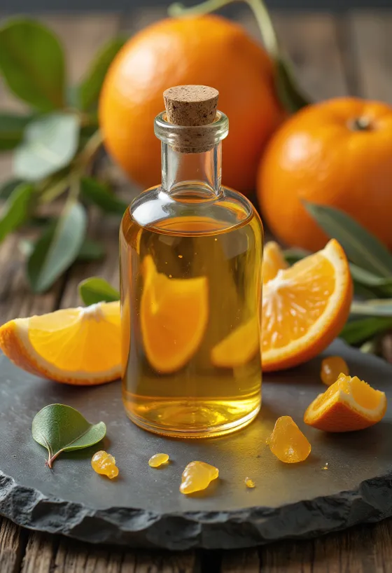 小瓶に入ったオレンジオイルと、フレッシュなオレンジのスライス、皮