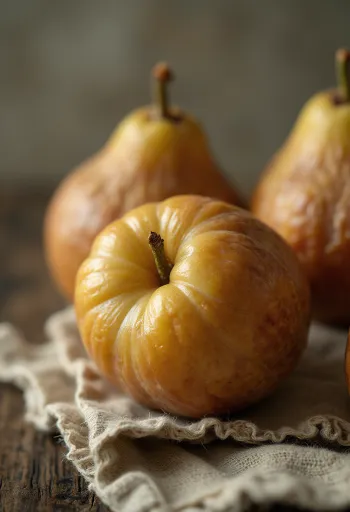 木の表面にある、茶色の皮とゼリー状の中身、種が見えるカットされたメドラー