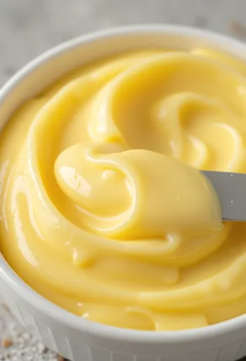 キッチンの木の表面にある、ガラス容器に入った植物性マーガリンとバターナイフ