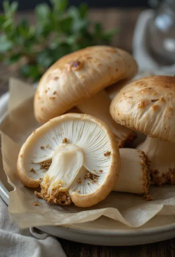 木製ボード上のスライスされた新鮮な夏ポルチーニとハーブ、オリーブオイル