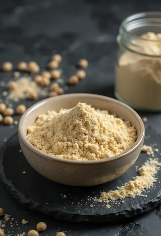 スプーンに盛られたピープロテインパウダーと乾燥エンドウ豆