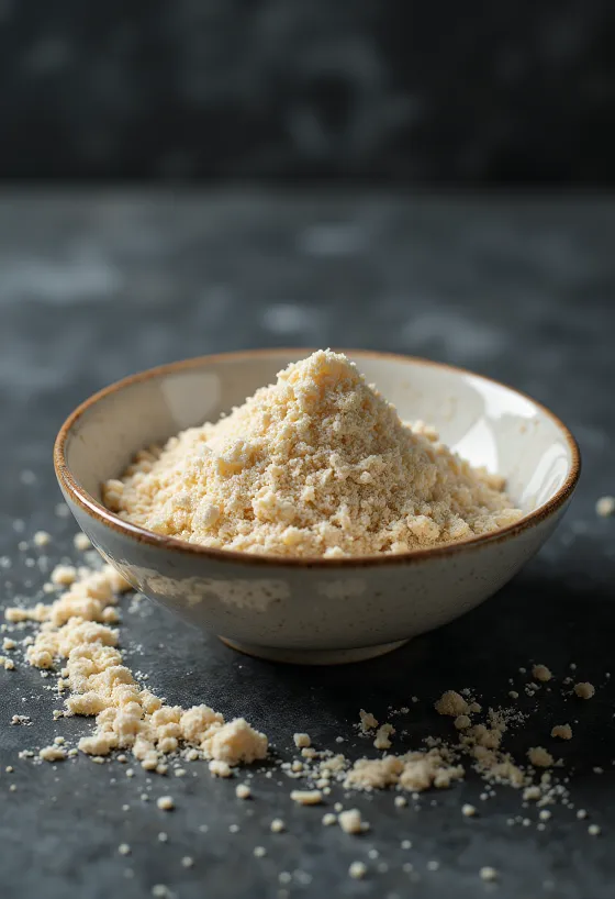 ボウルに入った淡いベージュ色の生ライスプロテインパウダーと玄米