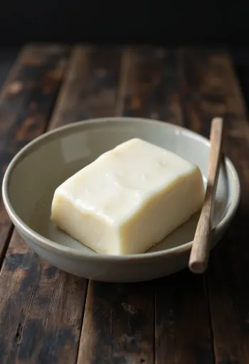 小皿に入った生の豚脂と、カットされた未精製の脂身