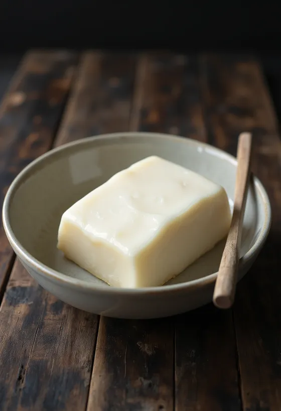 小皿に入った生の豚脂と、カットされた未精製の脂身