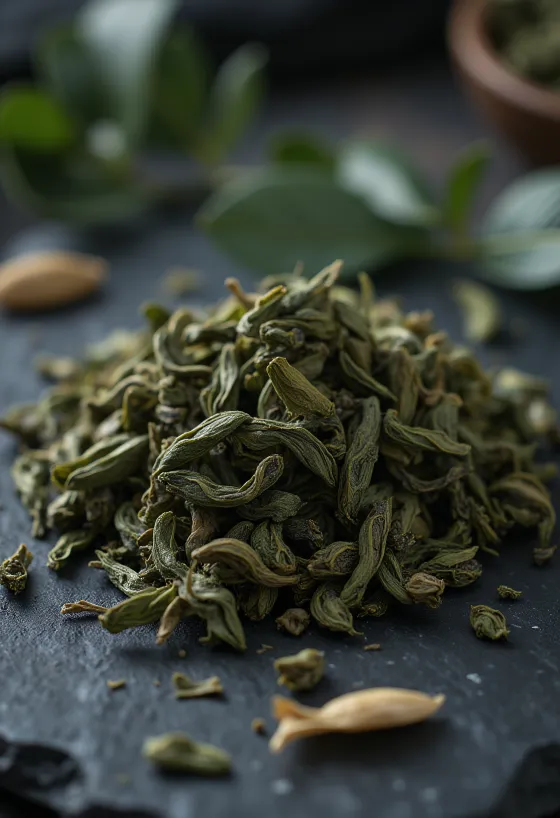 ボウルに入った烏龍茶の茶葉と、淹れたてのお茶