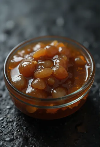 小皿に入ったとろりとしたオイスターソースと、原材料の牡蠣、調味料