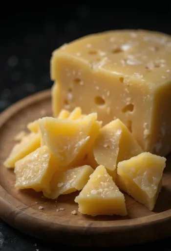 木製のまな板に置かれたスライスされたパルメザンチーズとすりおろされたもの