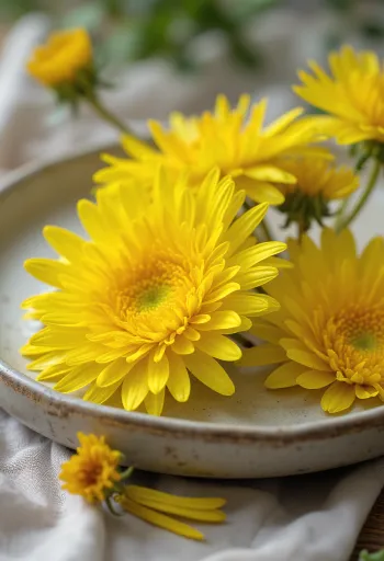白い皿の上に用意された食用の黄色いタンポポの花びら