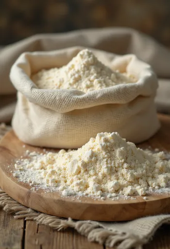 ボウルに入ったプランテイン粉とスプーン、傍らにある緑色のプランテイン