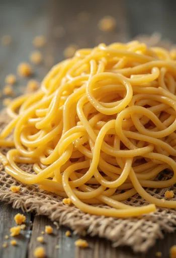 木製の台に広げられた乾燥した縮れ中華麺（ラーメンの麺）