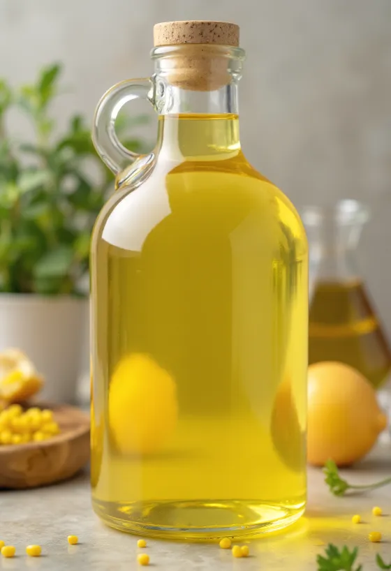 ガラス瓶と小皿に入った菜種油、明るい背景