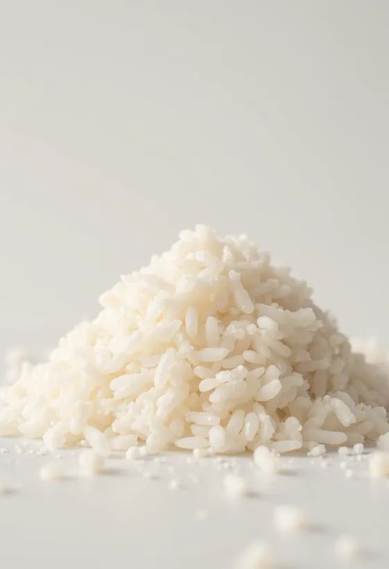 木製の表面に置かれた陶器のボウルに入った白い粒状の生ライスセモリナ