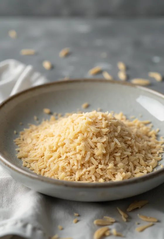 小さな陶器のボウルに入った米ぬかと、キッチン台に散らばった様子