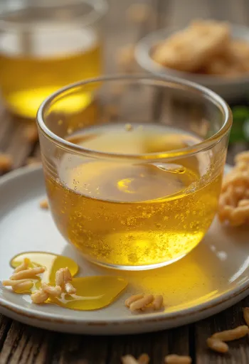 瓶に入ったこめ油と、自然な背景に置かれた玄米と米ぬか